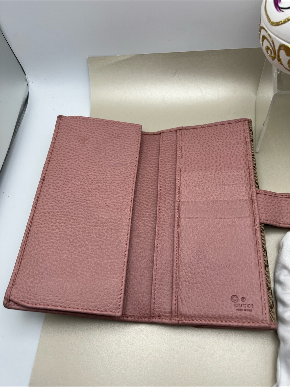Gucci Beige GG Canvas Continental Long Wallet with Pink Leather Trim Bifold GC - Picture 6 of 17